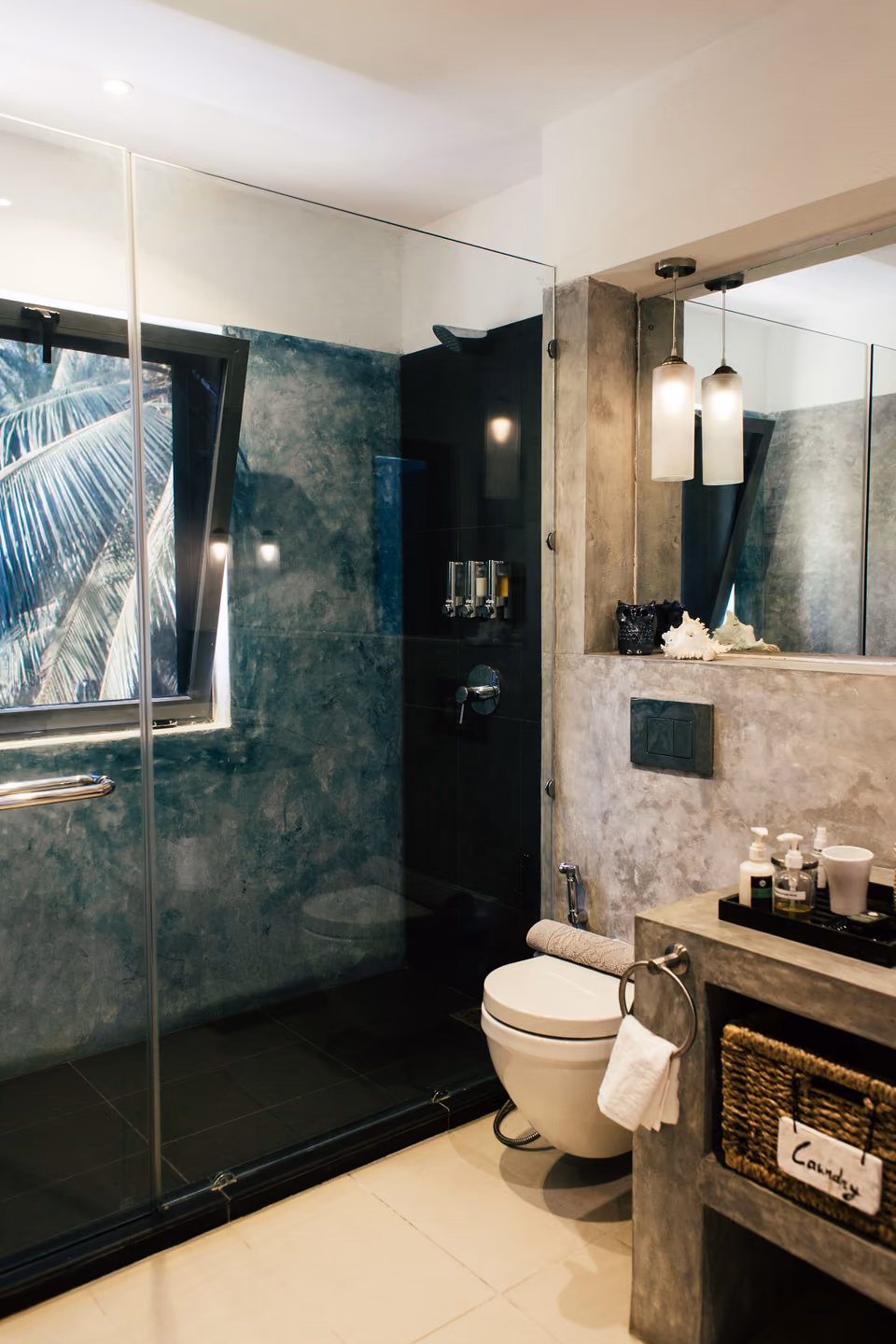 Bright finished bathroom showing material and fixture coordination